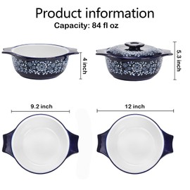 Bekith Casserole Dish with Lid, Ceramic Casserole Dish For Oven, 2.6-Quart Round Baking Dishes, Oven Safe and Durable Bakeware for Dinner and Party, Wedding Gifts, Blue