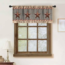 Brown Farmhouse Valance for Kitchen,Western Texas Star Berries Country Wooden Plank Pattern Small Short Window Treatment for Bedroom Living Room Bathroom Cafe 1 Piece,54x18 Inch