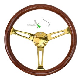 TIYPEOR 375 mm (14.8 inches) Wood Steering Wheel-Classic - ABS Wood with Polished Spokes 3 Aluminum Spoke Bracket 6 Bolts,Dish Depth 60MM-Universal Fit
