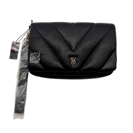 Victoria's Secret Quilted Phone Wristlet for Women – Black Leather Wallet and Clutch with Detachable Strap and VS Logo