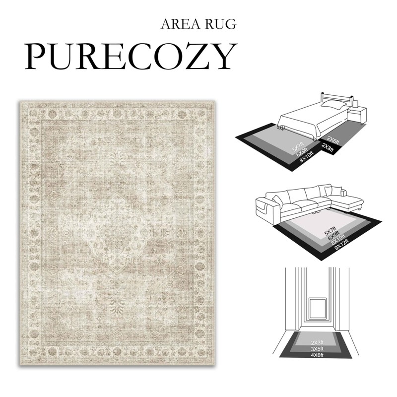 PureCozy 4x6 Beige Washable Area Rug Non Slip Vintage Carpet