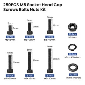 BNUOK 280 PCS M5 Screws Assortment Kit, 12.9 Grade Alloy Steel M5 Bolts Kit, M5x 8/12/16/20/25/30mm, Hex Socket Head Cap Screws Bolts Nuts Washers Set