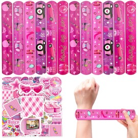 CZWXOXO 74Pcs Pink Theme Party Favors Contain 24 Pcs Slap Bracelets 50Pcs Pink Theme Stickers,Makeup Theme Birthday Party Decorations,Classroom Rewards