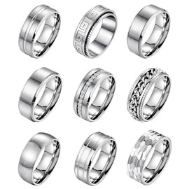 LOAYHOAY 9Pcs 8MM Stainless Steel Band Rings for Men Women Chain Rings Simple Brushed Wedding Engagement Rings Set 7-13 Silver Size7