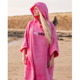 Dryrobe Towel Swim Robe - Hooded Surf Poncho Changing Robe - Organic Cotton - for Swimming, Beach, Surfing - Short Sleeve (Medium - Pink)