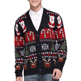 Men's Christmas Rudolph Reindeer Holiday Festive Knitted Sweater Cardigan Cute Ugly Pullover (XXX Large, Reindeer-Santa&Cane Cardigan)