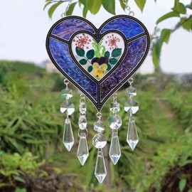 Heart-Shaped Sun Catcher, Romantic Purple-Blue Heart Crafted with Real Flower Metal Crystal Stained Glass, Birthday Gift Mother's Day Easter Thanksgiving