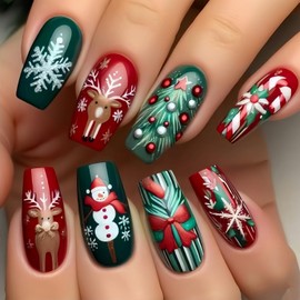 Christmas Medium Coffin Press on Nails Xmas Red Green Glossy False Nails Winter Xmas Tree Fake Nails Snowflake Snowman Elk Design Acrylic Nails Full Cover Christmas Nail Art Kit for Women 24 Pcs