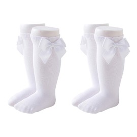 Maorrew 2 Pack Baby Girls Knee High Socks Bow Long Stockings Infants Toddlers Cotton Ruffled Uniform Leggings White 2 Pack 0-12 Months