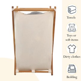 VICTORY RELAX Acacia Wood X-Frame Laundry Hamper, Folding Large Wooden Baskets with Handle, Sorter for Blankets Clothes Pillows Towels, 22'' Tall Natural-Beige
