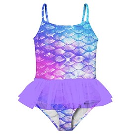 swimsobo Little Girls One Piece Bathing Suits for Size 5 6 Years Girls Swimsuits with Tutu Purple Mermaid Swimwear Adjustable Strap