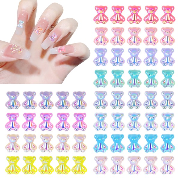 3D Bear Resin Nail Art Manicure Decorations Crystal Rhinestones Set Bears Nail Beads Accessories Ornaments for Women Girls 12 Colours 60 Pieces