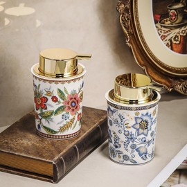 Floral Decorative Foam Soap Dispenser, Vintage Ceramic Hand Soap Pump, Nature Inspired Bathroom Countertop Decor (Style E)