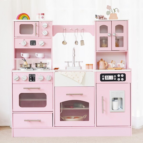 Wooden Play Kitchen for Toddlers and Kids with Lights &