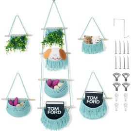 4 Tier Hanging Fruit Basket for Kitchen, Aqua Boho Handwoven Cotton Rope Macrame Fruit Holder for Bathroom Bedroom, Detachable Wall Hanging Basket Over Door Organizer for Fruit Veggie Plant Decor