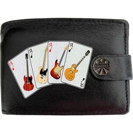 Klassek Electric Guitar Cards Rock Music Mens Wallet Real Black Leather RFID Blocking with Coin Pocket and Metal Gift Box