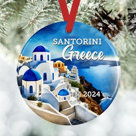 2024 Handmade Santorini Greece Ceramic Christmas Ornament - Watercolor Painting of White Buildings - European Vacation Souvenir