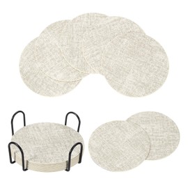 uxcell 8Pcs Drink Coasters with Holder, 4"x4" PVC Dual Sided Round Coasters Non-Slip Non-Stick Waterproof Cup Coasters for Drinks, Coffee Table, Home Decor, Beige