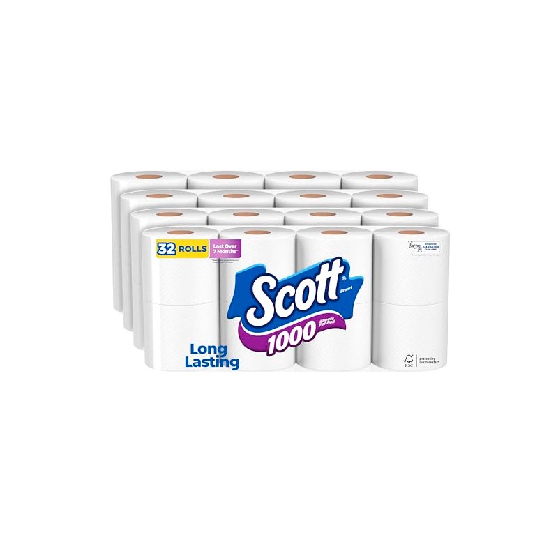 Scott 1000 Toilet Paper, 32 Rolls, Septic-Safe, 1-Ply Toilet Tissue