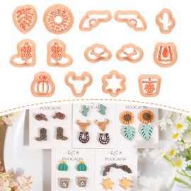 Puocaon Cowboy Polymer Clay Cutters - 14 Pcs Stud Earrings Clay Cutters Cowgirl Boots Hat Shape, Monstera Leaf Cactus Pot Polymer Clay Cutters for Jewelry Making