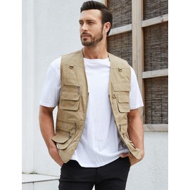 Gihuo Men's Fishing Vest Utility Safari Travel Vest with Pockets Outdoor Work Photo Cargo Fly Summer Vest (Small, Khaki)