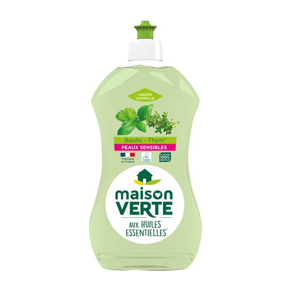 Maison Verte - Washing Up Liquid – Degreasing – Sensitive Skin – Essential Oils – Basil & Thyme – 500 ml – Ecolabel – Made in France