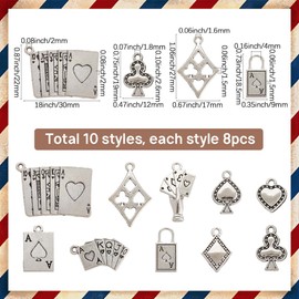 SUNNYCLUE 1 Box 80Pcs 10 Styles Silver Poker Charms Playing Cards Charms Tibetan Alloy Metal Ace of Spades Clue Games Rhombus Heart Lock Pendants for Jewelry Making Findings Necklaces DIY Crafts