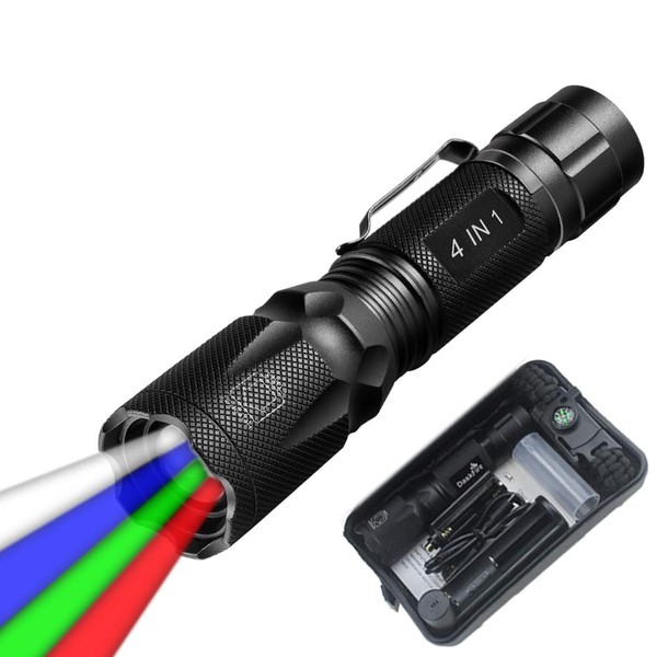 DaskFire Rechargeable Tactical Flashlight with Red/Green/Blue EDC Torch Light, 18650 Battery Charger, Bracelet, 900 Lumen Zoomable Beam Multipurpose for Hunting Fishing Camping Hiking Emergency Gear