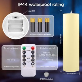 BRYZONT 4"x14" Large Outdoor Waterproof Ivory Flickering Tall Realistic Flameless LED Pillar Battery Operated Candles, Set of 2 for Patio Lanterns, Wedding & Home Decor