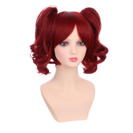 Edivd Girls Wine Red Two Ponytail Wig Kids Short Wine Red Wavy Curly Wig with Bangs Heat Resistant Synthetic Wig with Wig Cap