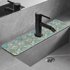 CYlovinho Kitchen Sink Faucet Splash Guard, Faucet Absorbent Mat, Silicone Faucet Water Catcher Mat for Countertops, Bathrooms, Farmhouses, RVs (Blue flowers, 5.4''*14.96'')