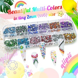qiipii 12 Colors 2mm Small Crystal Resin Rhinestones Rainbow Colorful Flatback Tiny Stones Gems Diamonds Crystals Charms for Nails Eyes Face Makeup Crafting Tumblers Bottles DIY Crafts Shoes Clothes