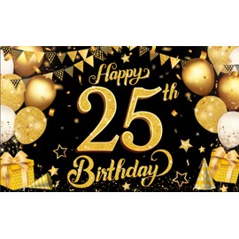 25th Happy Birthday Black Wall Banner,Glitter