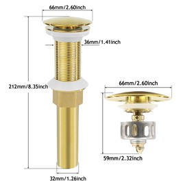 Rackickyer Bathroom Sink Drain, 2 Pack Gold Drain Stopper Without Overflow,Pop Up Drain Assembly Without Detachable Strainer Basket,Built-in Anti-Clogging Strainer,Stainless Steel