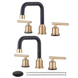 Black and Gold Bathroom Faucet: WOWOW Widespread Bathroom Sink Faucet 3 Hole with Pop-up Drain and Supply Lines, 8 Inch Vanity Taps 3 Pieces Basin Tap 2 Handle Modern (2 Pack)