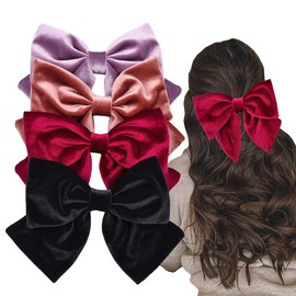 Pack of 4 Large Velvet Bow with French Barrettes for Women and Girls Vintage Velvet Hair Bows Clips Accessories (6'' Velvet Mauve Wine)