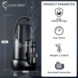 LANCHEZ Sump Pump 3/4 HP 4450 GPH Submersible Water Pump Thermoplastic Portable Utility Pump High Flow Water Removal for Swimming Pool Garden Pond Basement Window Wells with 25ft Long Power Cord