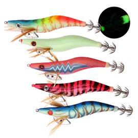 Luminous Squid Jig Fishing Lures, 5pcs/10pcs Saltwater Glow Squid Jigs Hooks Shrimp Prawn Lures Fluorescent Sleeve Octopus Cuttlefish Sea Fishing Baits Kit