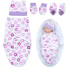 Reborn Baby Dolls Blanket with 4pcs Accessories Set for 17-22 Inch Reborn Baby Doll Clothes Purple Flower Swaddle Blanket Hat Outfit