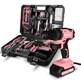 COMOWARE Pink Tool Box with 20V Drill, 120 Pcs Pink Tool Set, Tool Kit for Home, Pink Drill Set for Women, Power Tool Combo Kits with 2.0 Ah Li-ion Battery & Charger, 25+1 Clutch