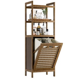 HITNET Bamboo Tilt Out Laundry Hamper, Bathroom Storage Cabinet with Hidden Removable Basket and 3 Open Shelves, Space Saving Bamboo Storage for Clothes, Towels and Toys, Walnut