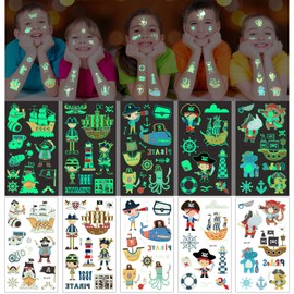 AOMIG Temporary Tattoo for Kids, 10 Sheets Glow In The Dark Cartoon Pirate Tattoo Stickers, Waterproof Luminous Fake Tattoo Stickers Set for Boys Girls Birthday Gift Party Bag Filler