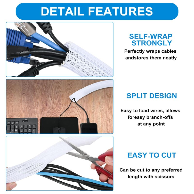 White Cable Tidy, 2 Pack-∅0.63"-4.9ft Cable Sleeve Self Closing Wire