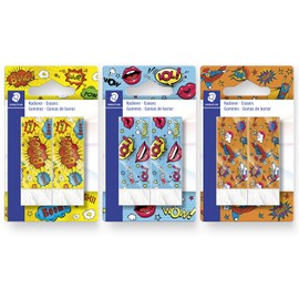 STAEDTLER Rasoplast 526 B Edition Eraser Set of 2 - Blue, Orange, Cartoon Design, Minimal Crumbling, Sliding Cover, Protective Changing Bag