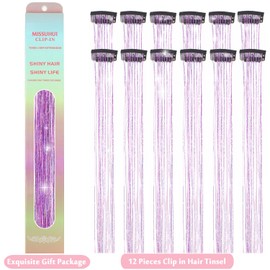 MISSUHUI Hair Tinsel 12 Pcs Hair Tinsel Clip in Glitter Tinsel Hair Extensions 23.6Inch Purple Clip in Hair Tinsel Kit Sparkling Fairy Hair Accessories for Girls Women Kids (Purple)