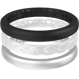 ThunderFit Stackable Silicone Rings for Women, Breathable Rubber Wedding Bands - Braided Design 3mm Wide 1.8mm Thick - 3/8 Variety Multipack