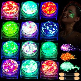 Dzyoleize Gel de Glitter de 12 Colores que Brilla en la Oscuridad: Glitter para Cara, Cuerpo y Cabello Ideal para Maquillaje con Luz Negra UV en Fiestas y Festivales (Multicolor)