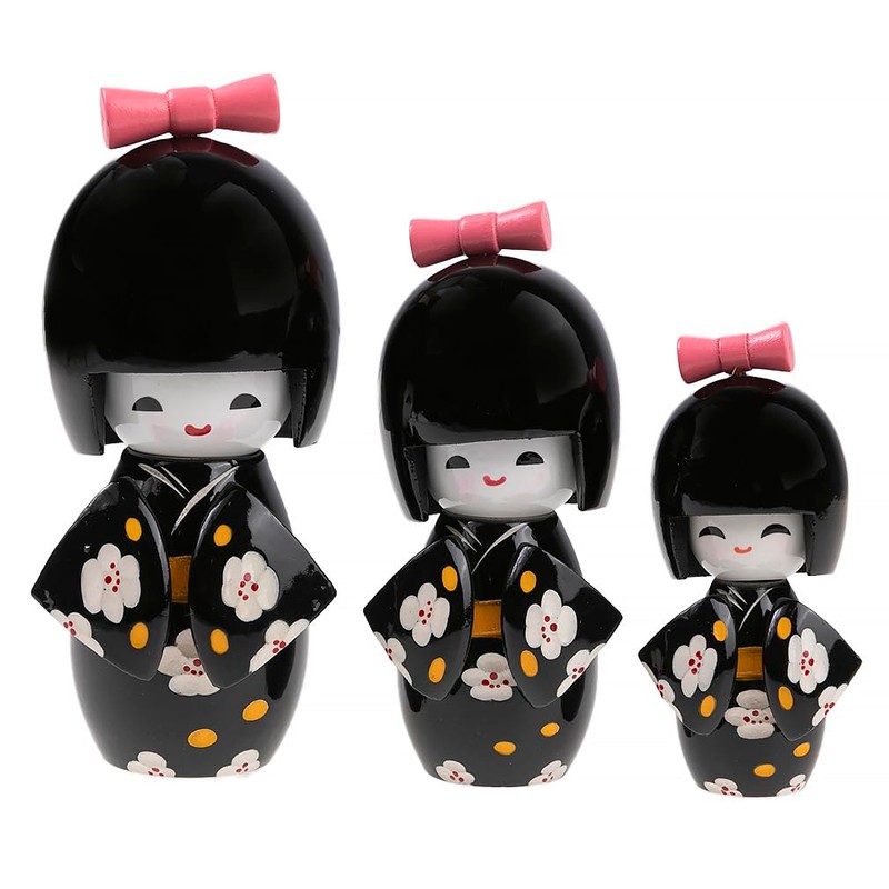 lachineuse 3 Japanese Kokeshis Dolls - Design and Black Hue,