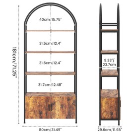 Saudism Arched Bookshelf with Doors, 71" Tall Industrial Bookcase with Sturdy Metal Frame, Vintage Display Shelving Unit, Rustic Geometric Book Shelf for Lving Room, Bedroom, Home Office