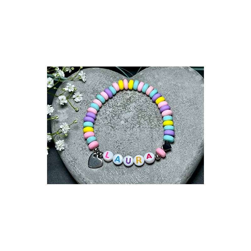 Majas Perlen Armband mit Namen Polymer Pastell Candy Silber oder